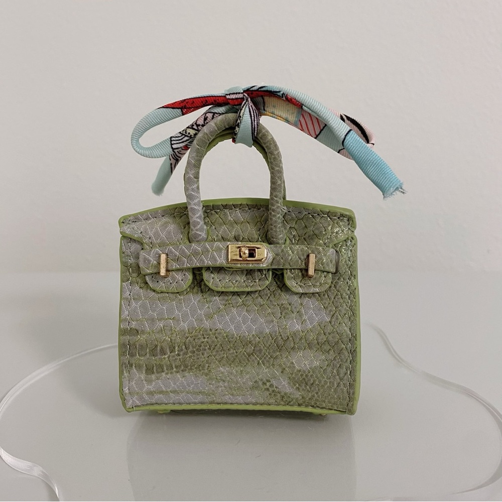 Mini Leather Bag Charm | Snakeskin Texture | Moss Green